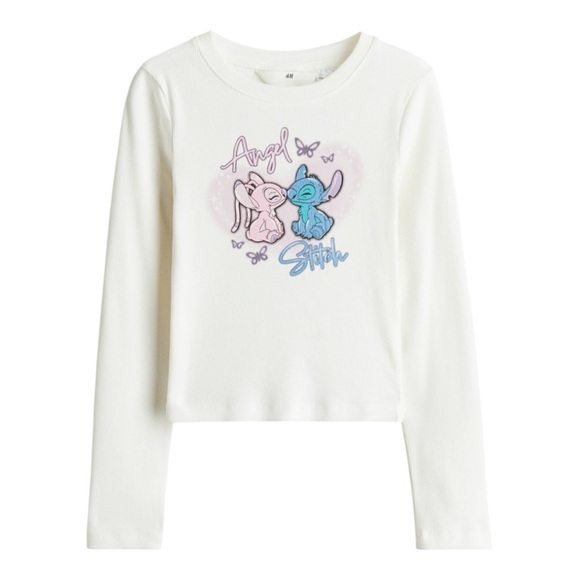 H&M Disney Lilo and Stitch Angel Long Sleeve Ribbed Jersey Top Girls 10 12 - Picture 1 of 6